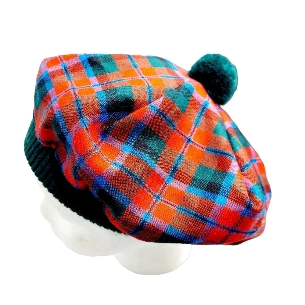 VTG Scottish Tam O'Shanter Beret Pom Pom Plaid 100% Wool Lined Made in Scotland - Picture 13 of 16